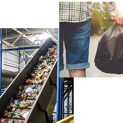 conveyor belt with recycling, man with back garbage bag
